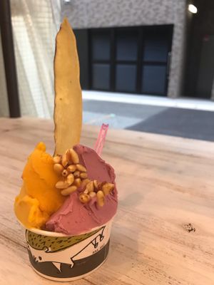 Mango and berry gelato featuring dried sweet potato and rice crunchies.  at Riccio d'Oro in Kobe
