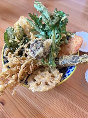 Tendon (tenpura donburi) at Marugoto Vegan Dining Asakusa in Tokyo