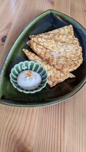 Fried tempeh with tahini at Marugoto Vegan Dining Asakusa in Tokyo