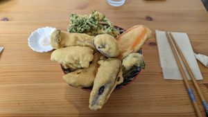 Ten don (rice bowl with tempura) at Marugoto Vegan Dining Asakusa in Tokyo