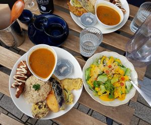 Lunch set w/ cider and Asakusa sake at Marugoto Vegan Dining Asakusa in Tokyo