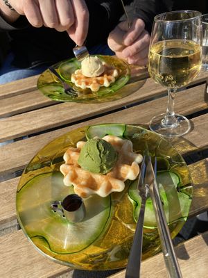 Waffle with soy ice cream (top) and matcha (bottom) - small but cheap and very nice  #Veganuary at Marugoto Vegan Dining Asakusa in Tokyo