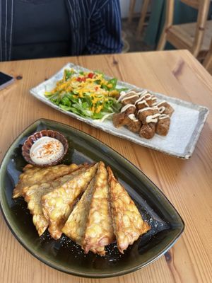 Tempeh with Salad and soy bites   at Marugoto Vegan Dining Asakusa in Tokyo
