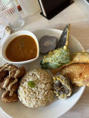 Lunch plate tempura veges, curry and bean ‘meat’ balls  at Marugoto Vegan Dining Asakusa in Tokyo