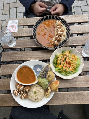 Lunch Plate No. 1 (bottom), side salad included with Lunch Plate No. 1 (middle), Fried pea and fava bean meat topping curry (top)  at Marugoto Vegan Dining Asakusa in Tokyo