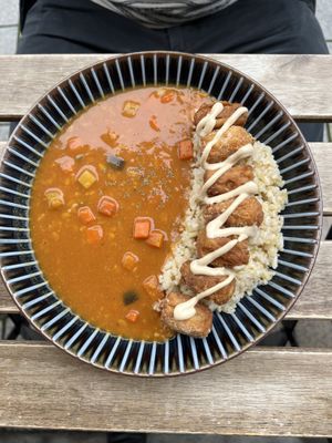 Fried pea and fava bean meat topping curry   at Marugoto Vegan Dining Asakusa in Tokyo