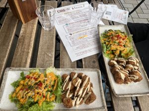 Fried pea and fava bean meat  at Marugoto Vegan Dining Asakusa in Tokyo