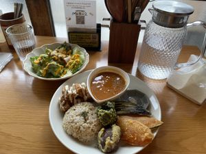 Curry, tempura and brown ricee  at Marugoto Vegan Dining Asakusa in Tokyo