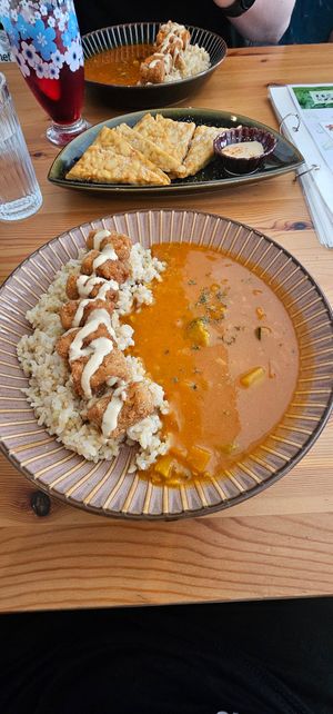 Curry and rice with soy and fava bean pieces at Marugoto Vegan Dining Asakusa in Tokyo