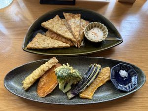 Side of tempeh and side of tempura   at Marugoto Vegan Dining Asakusa in Tokyo