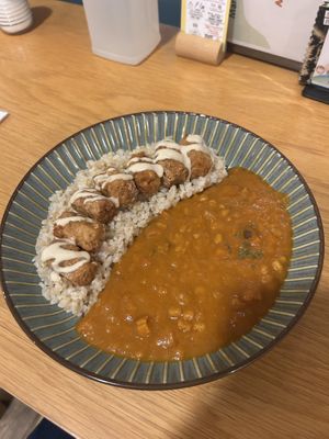 fried pea and fava bean “meat” curry   at Marugoto Vegan Dining Asakusa in Tokyo