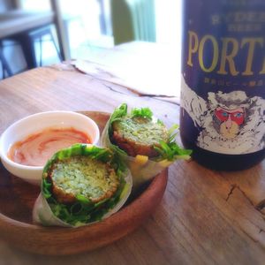 Falafel Salad Roll with Japanese craft beer at Marugoto Vegan Dining Asakusa in Tokyo