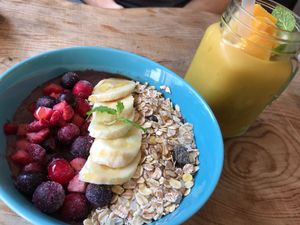 Açai breakfast bowl and smoothie  at Marugoto Vegan Dining Asakusa in Tokyo