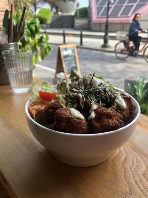 Soy meat rice bowl  at Marugoto Vegan Dining Asakusa in Tokyo
