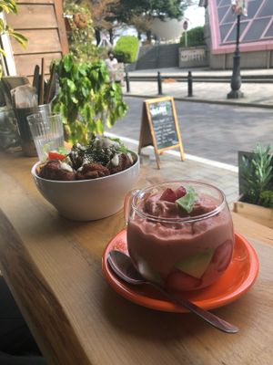 Strawberry avocado parfait and soy meat rice bowl  at Marugoto Vegan Dining Asakusa in Tokyo