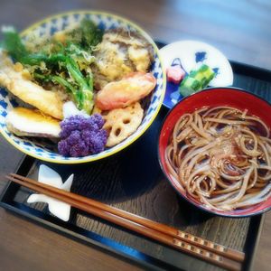 Tempura rice bowl and pure soba at Marugoto Vegan Dining Asakusa in Tokyo