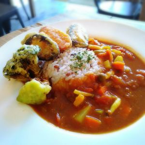 curry rice with fried vegetable toppings at Marugoto Vegan Dining Asakusa in Tokyo