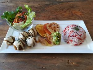 Lunch set - Carrot salad, falafel, vegetable tempura, and rice. at Marugoto Vegan Dining Asakusa in Tokyo