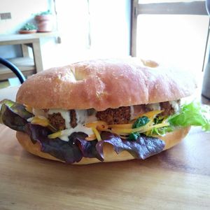Big falafel focaccia burger at Marugoto Vegan Dining Asakusa in Tokyo