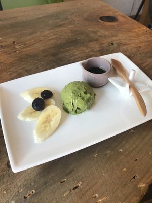 Matcha ice cream dessert at Marugoto Vegan Dining Asakusa in Tokyo