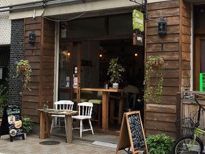 Outside the cafe at Marugoto Vegan Dining Asakusa in Tokyo