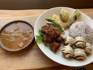 4 pc set: curry, soy, falafel, tempura  at Marugoto Vegan Dining Asakusa in Tokyo