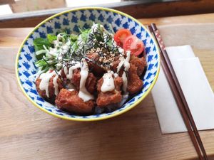 Vegan Karaage Bowl (on rice) at Marugoto Vegan Dining Asakusa in Tokyo