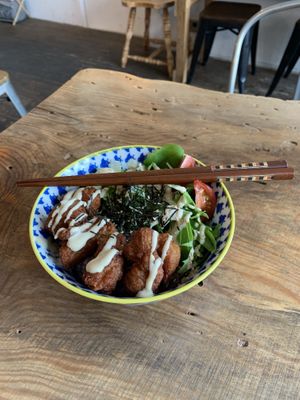 Small fried soy and tahini bowl  at Marugoto Vegan Dining Asakusa in Tokyo