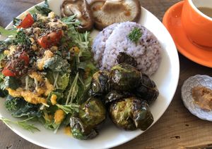 Brussels sprouts with mushroom steak, brown rice and  salad at Marugoto Vegan Dining Asakusa in Tokyo