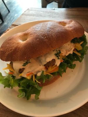 Bread with falafel, lettuce and carrot at Marugoto Vegan Dining Asakusa in Tokyo