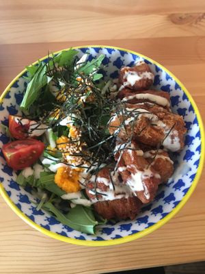 から揚げ丼 “Fried Chicken” bowl  at Marugoto Vegan Dining Asakusa in Tokyo