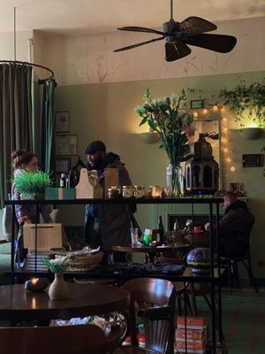 inside (I love the fans) at Cafe Botanika in St Petersburg