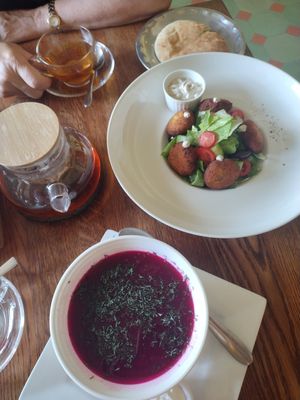 Cold red beet soup and falafel salad at Cafe Botanika in St Petersburg