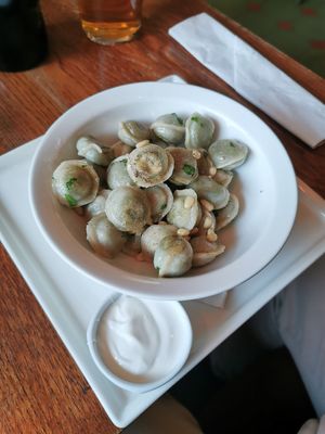 Russian spinach ravioli (vegan possible without the sourcream) at Cafe Botanika in St Petersburg
