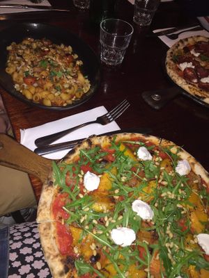 Macaroni dish and pizza at Rococo in St Kilda