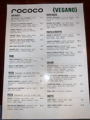 Vegan menu at Rococo in St Kilda
