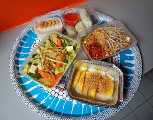 Mikati + Pad Thai + Spring rolls +  Tapioca soup + Coconut milk w/rice at Kapunka Vegan in Paris