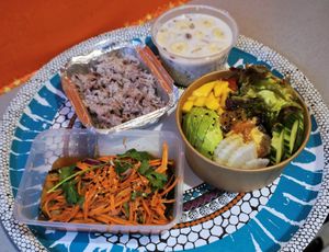 Delivery: Grilled aubergine w/jasmine rice + Poke Bowl w/tofu + Tapioca Soup at Kapunka Vegan in Paris