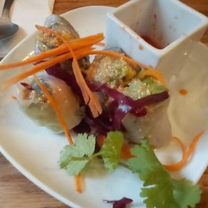 Entrée de rouleaux de printemps avec de la sauce aux cacahuètes at Kapunka Vegan in Paris