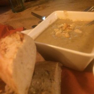 very tasty soup with butter beans and almonds.  at The Vegetarian Red Lion in Ipswich
