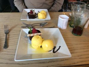 vegan chocolate orange mousse with mandarins sorbet at The Vegetarian Red Lion in Ipswich