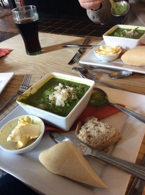 vegan Pea and Watercress soup with vegan bread and butter at The Vegetarian Red Lion in Ipswich