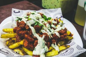 Chick'n Cheeze Fries with Ranch dressing 
(100% Vegan by Jake's Vegan Steaks) at Honeymoon in East London