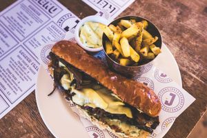 Jake's Funghi Cheeze Steak Sarnie with Thyme Fries and Bearnaise sauce (100% Vegan sauce you won't find anywhere else!) at Honeymoon in East London