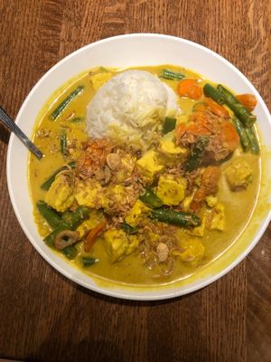 Mixed vegetables and tempeh in coconut milk broth at BoBoKo in Harrisonburg