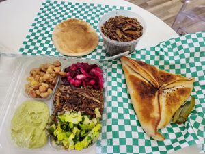 Platter, spinach pie at The Mediterranean Chickpea in Tampa