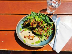 Bowl with creamy eggplant, green rice, pomegranate, spinach and hummus at Nah am Wasser - Neukölln in Berlin