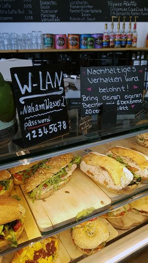 Display of diverse sandwiches, including vegan, vegetarian, meat and cheese options. at Nah am Wasser - Neukölln in Berlin