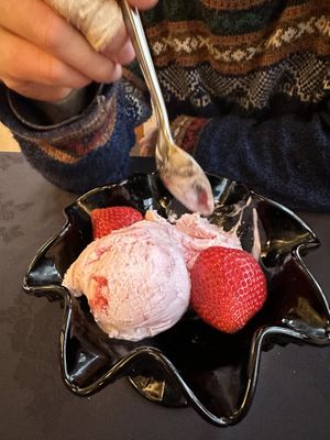 Raspberry ice cream - only vegan option availablee  at Piggy in the Middle in Porlock