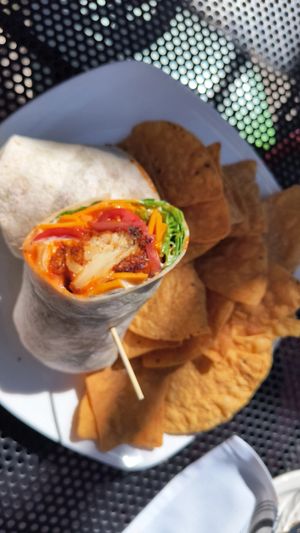 Buffalo Cauliflower Wrap with Chips at ERIS Brewery and Cider House in Chicago